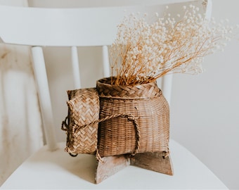 RARE Laotian Asian Primitive Sticky Rice Woven Basket With Wooden Pedestal | Wicker Decor | Vintage Wicker Basket | Lidded Wicker Basket