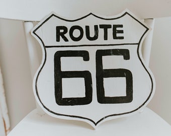 Vintage Solid Wood Route 66 Sign | Black and White Shield Shape Sign | Nostalgic Hand Painted Sign