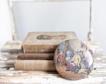 Victorian Prattware Pot Lid "Hide and Seek" | Antique English Ironstone Pictoral Lid