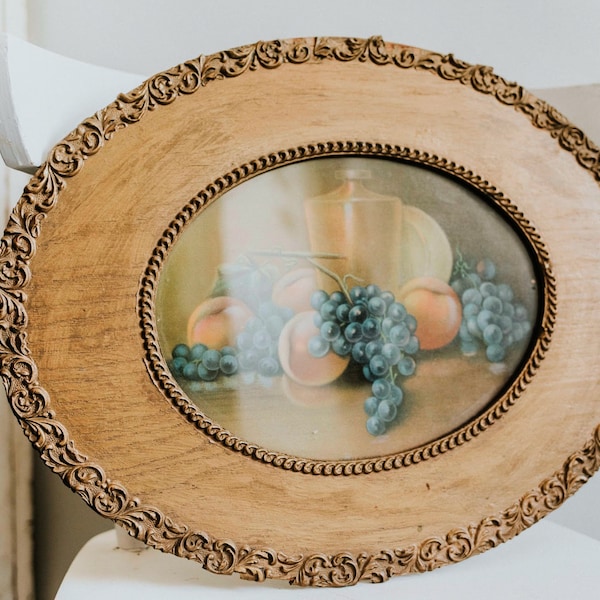 Victorian Oval Still Life Art Print | Grapes and Peaches | Antique Gold Gesso Wood Frame | Oval Framed Still Life Fruit Print