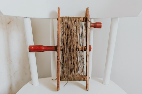 Antique Primitive Fishing Line Hand Reel Antique Red Painted Wood Kite  Winder Primitive Wood Spool 