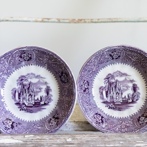 Antique W Adams & Sons Purple Transfer Ware Set | Columbia Set of 2 Saucers | 1800&#39;s Crazed Purple Ironstone Plates