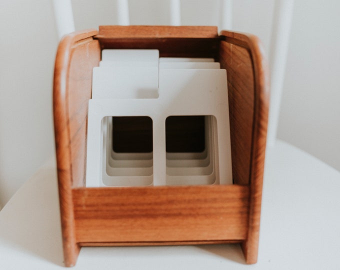 Vintage Teak Tambour Roll Top Recipe Box Wood Storage Box Teak Wood