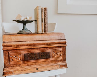 Antique Solid Wood Coffin Sewing Machine Top | White Brand Sewing Machine Dust Cover | Hand Carved Details | Hand Carved and Stenciled Wood