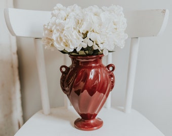 Vintage Burgundy Haeger Pottery Pedestal Vase | Wine Color Swirled Double Handled Urn Style Vase | Oxblood Haeger Pottery