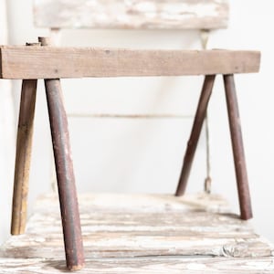 Primitive Narrow Saw Horse Stool | Wooden Pegged Splayed Legs Stool | Small Antique Wooden Saw Horse | Early American Wooden Hand Made Stool