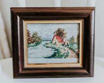Small Vintage Framed Needlepoint | Dark Wood Framed Needlepoint Cottage | Needlework Embroidery