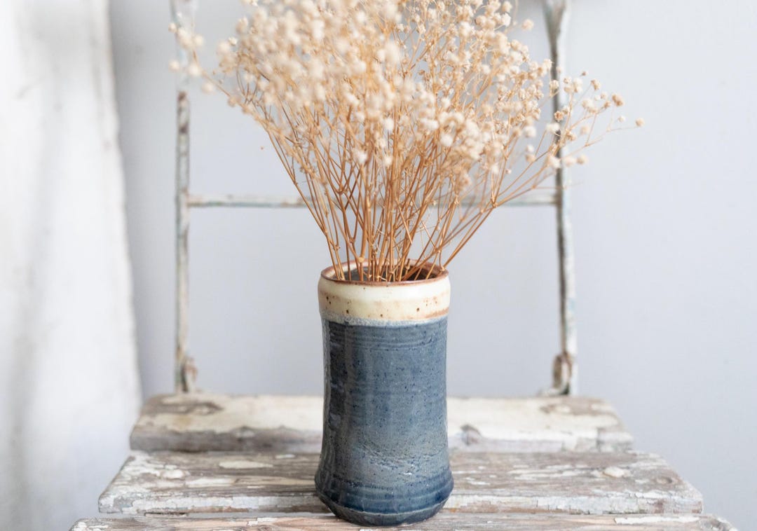 Hand Thrown Studio Pottery Vase | Artist Signed Blue and Cream Vase ...
