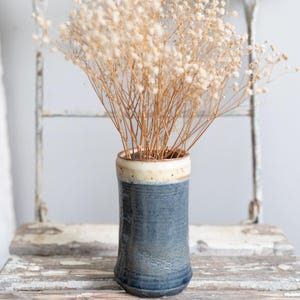 Hand Thrown Studio Pottery Vase | Artist Signed Blue and Cream Vase | Signed Pottery Vase | Field Signed Ceramic Vase