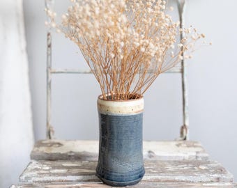 Hand Thrown Studio Pottery Vase | Artist Signed Blue and Cream Vase | Signed Pottery Vase | Field Signed Ceramic Vase