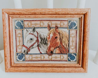 Small Vintage Equine Pair Framed Completed Cross Stitch | Two Horse Cross Stitch | Framed Embroidery | Dimensions Todd Trainer Design