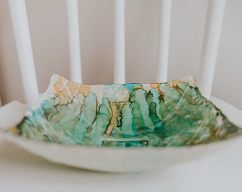 Italian Hand Painted Bowl Square Dish Bowl IL Quadrifoglio | Decorative Green and Gold Art Glass Bowl