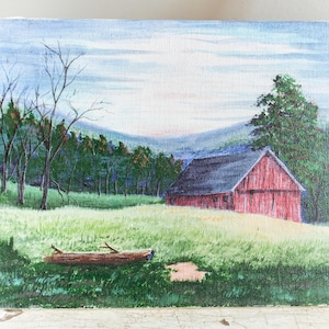 Vintage Barn Oil Painting | Farmland Red Barn Painting | Country Oil Painting | Country Farm Oil Painting | Unframed Stretched Canvas
