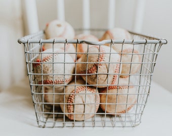 Vintage Locker Basket Filled with 20 Worn Baseballs | Child's Room Decor | Man Cave Decor | Game Room Decor