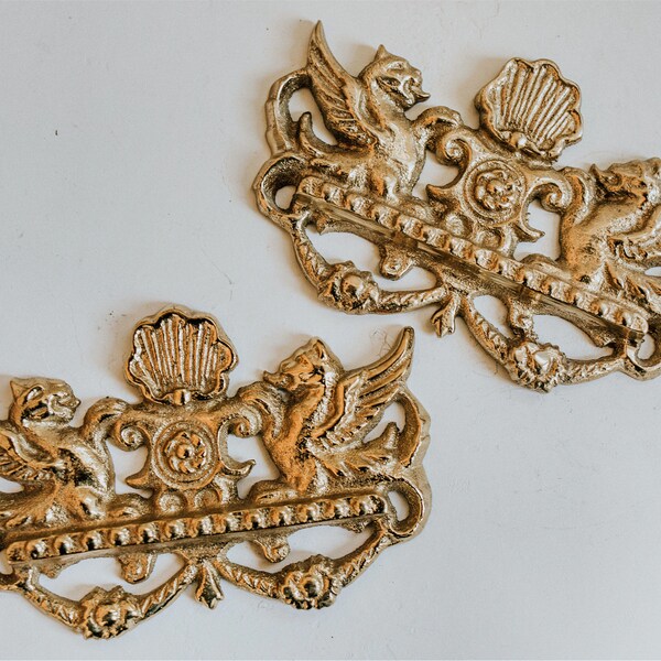 Set of 2 Vintage Ornamental Griffin Brass Decor Plates | Brass Griffin Emblems | Ornate Brass Furniture Accents | Brass Decorative Moulding