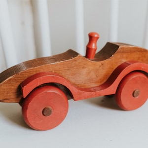 Vintage Natural Wood and Red Paint Toy Car | Solid Wood Car Toy