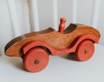 Vintage Natural Wood and Red Paint Toy Car | Solid Wood Car Toy