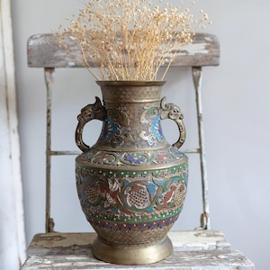 BREATHTAKING Ornate Japanese Champlevé Bronze Urn | Antique Enameled Bronze Vase | Dragon Handled Urn Vase | Pinecone and Bird Pedestal Urn