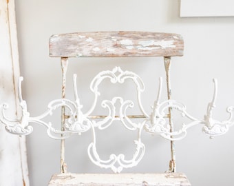 Vintage Victorian Inspired Ornate Cast Metal Coat Rack | White Scrolled Metal Wall Mount Coat Hat Rack | 4 Double Hanger Coat Hat Hanger