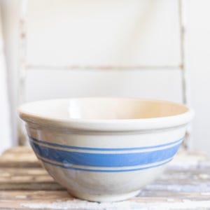 Antique Weller Pottery Blue Stripe Mixing Bowl | 9&quot; Stoneware Farmhouse Batter Bowl | Stained and Crazed
