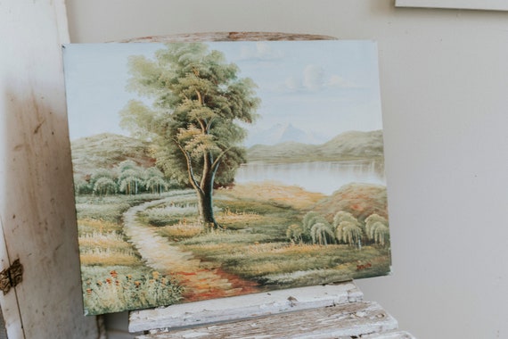 Original Signed Oil Painting | Unframed Canvas Painting | Lake Scene Oil Painting | Lake and Country Lane Stretched Canvas Oil Painting