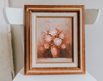 Original Robert Cox Oil Painting | Coral and Pink Roses in Pink Vase Still Life Oil Painting | Framed Oil Painting