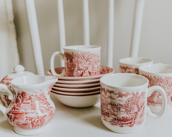 Vintage Broadhurst Staffordshire Ironstone 13 Piece Set | The Constable Series Bicentennial | Red Transferware English Ironstone Set