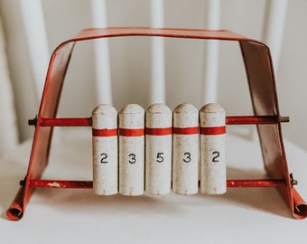 Vintage Red Mansfield-Zesiger 5 pin Table Top Bowling Game | Vintage Table Top Game | Vintage Bowling Pins | Chippy White Paint