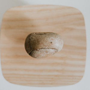 May include: A smooth, light brown stone with a slightly rough texture sits on a wooden surface.