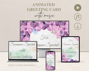 Animated Birthday Greeting Card Featuring Purple Flowers: A Digital e-Card, Perfect for Gifting and Sending Via SMS to That Special Someone