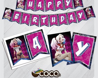 Personalised Harley Quinn Birthday Party Banner Decorations Supplies