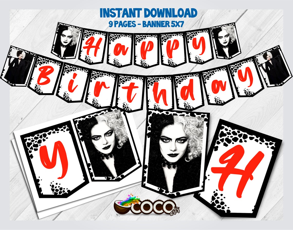 Cruella Happy Birthday Banner. Cruella Banner. INSTANT | Etsy