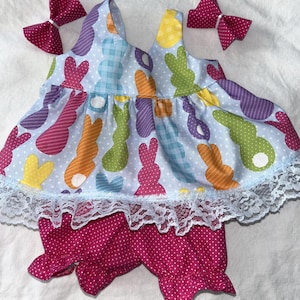 Spring/Summer Outfit Bunnies and Polka Dots:Jumper,Bloomers,Bows  for Cabbage Patch 16 - 18" ,Bitty Baby 15" and Baby Reborn 16" Dolls