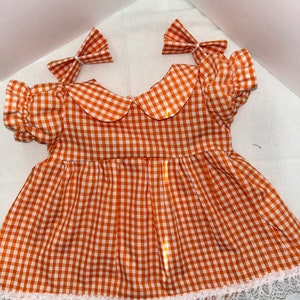 Robe orange vichy avec noeuds pour poupées Cabbage Patch 16-18", Bitty Baby 15" et Baby Alive 16"