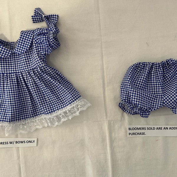 Dark Blue Gingham Dress w/ bows, Bloomers are sold separately Cabbage Patch 16 - 20",Bitty Baby 15" Baby Alive 16" Dolls