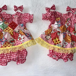 Strawberries/Patchwork Print:3in1 Pinafore/Jumper,Blouse,Bloomers,Bows for Cabbage Patch 16 - 18",Bitty Baby 15", Baby Reborn 16" dolls