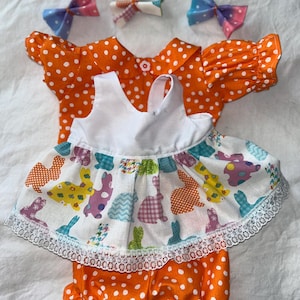 Bunnies and Polka Dots:  3 in1 outfit,Jumper/Pinafore,bloomers,bows  for Cabbage Patch 16 - 18",Bitty Baby 15".Baby Reborn 3in1 outfit only.