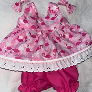 Flamingo Spring/Summer outfit: Pinafore/Jumper,Pink or white  bloomers,bows for Cabbage Patch 16 - 18" ,Bitty Baby 15",Baby Reborn 16" Dolls