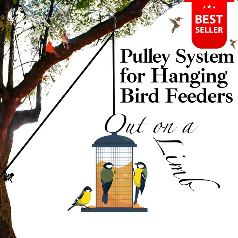 May include: A black pulley system for hanging bird feeders with a cylindrical mesh feeder filled with seeds. The text reads Pulley System for Hanging Bird Feeders and Out on a Limb. Three yellow and black birds are perched on the feeder.