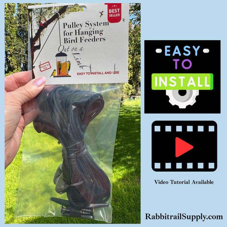May include: A pulley system for hanging bird feeders in a clear plastic bag with a header card featuring the text Pulley System for Hanging Bird Feeders, Out on a Limb, Best Seller, Made in USA, and Easy to Install and Use, plus a metal cleat.