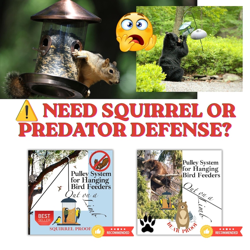 May include: A pulley system for hanging bird feeders featuring a squirrel-proof and bear-proof design. The graphic includes text reading NEED SQUIRREL OR PREDATOR DEFENSE?, Pulley System for Hanging Bird Feeders, Out on a Limb, and BEST SELLER.
