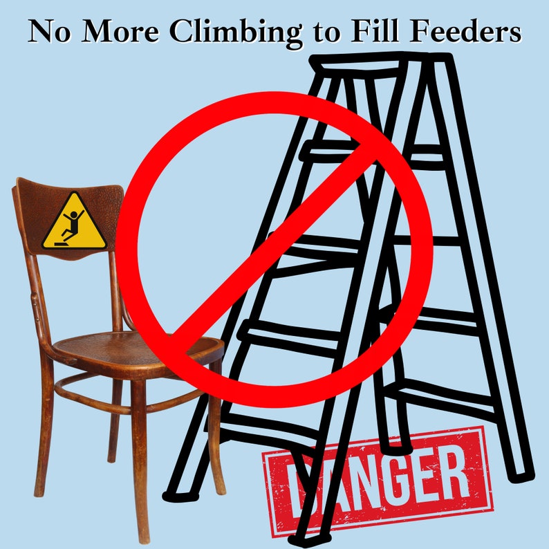 No More Climbing chairs and ladders to Fill Bird Feeders, Solution: Out on a Limb Pulley System for hanging Bird Feeders, Senior Safety!