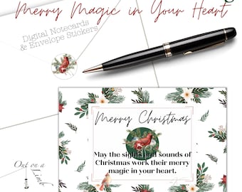 Tarjeta de felicitación navideña digital Merry Magic con pegatinas de sobre "sello de cera"