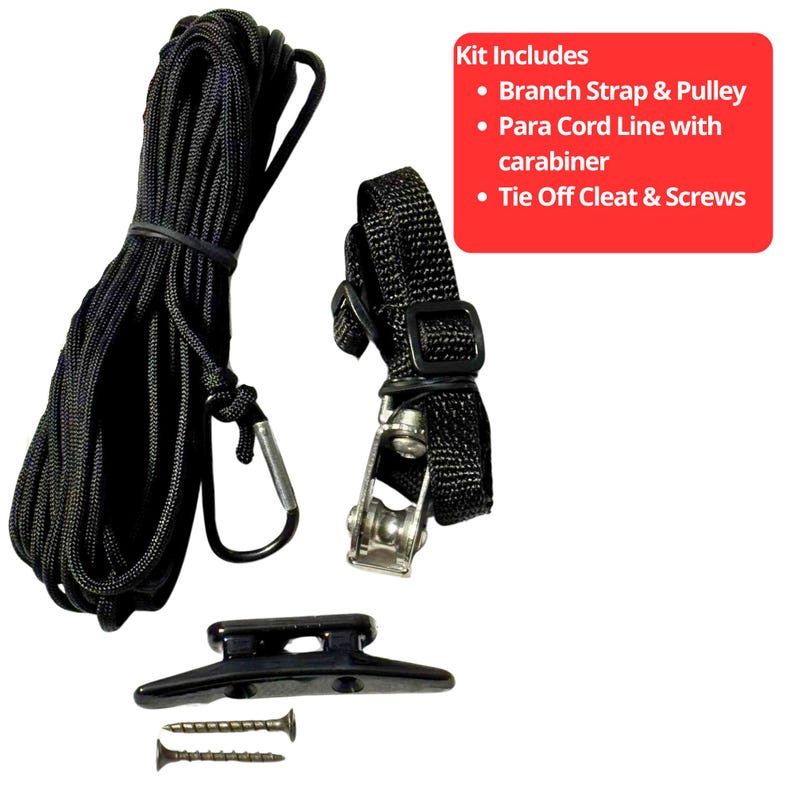 May include: A black paracord line with a carabiner, a black branch strap with a metal pulley, a black tie-off cleat, and two metal screws. A red text box lists the kit contents: Branch Strap & Pulley, Para Cord Line with carabiner, and Tie Off Cleat & Screws.