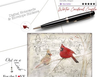 Tarjeta de notas digital Pareja Cardenal de Invierno / Por el AMOR de los pájaros del patio trasero