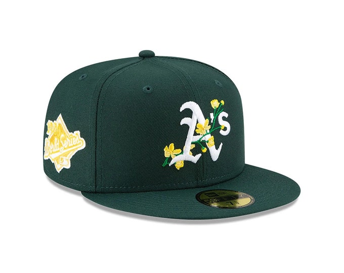 Dark Green Oakland Athletics Soft Yellow Bottom 1989 World Series Side Patch Bloom New Era 59Fifty Fitted 7 1/4