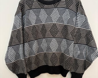Klasyczny sweter męski Sundays z geometrycznym wzorem z lat 90., rozmiar M, czarno-szary, dzianina 100% akryl