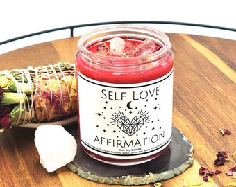 Self Love Affirmation Candle | Crystal Candle | Crystal Healing | Soy Candle | Gifts for Her | Gifts for Him | Witchy Gifts | Gifting Ideas