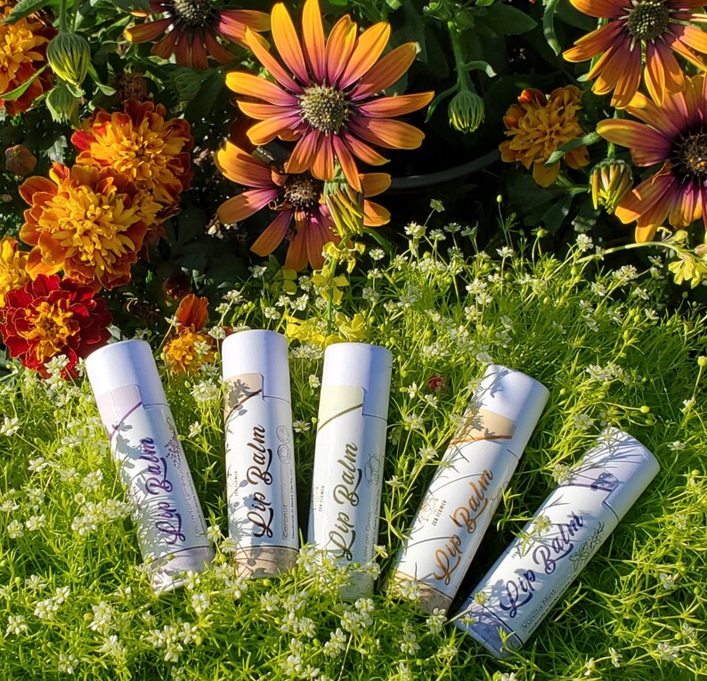 May include: Five lip balm tubes with white and pastel-colored labels, featuring botanical illustrations and the words "Lip Balm." The tubes are arranged on a bed of green grass and small white flowers, with orange and yellow flowers in the background.