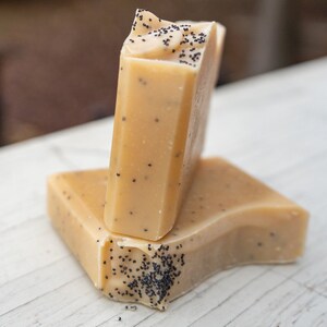 May include: Two bars of handmade soap. The soap is a light tan color with black poppy seeds throughout. One bar is standing upright, and the other is lying flat. The soap is on a white surface.